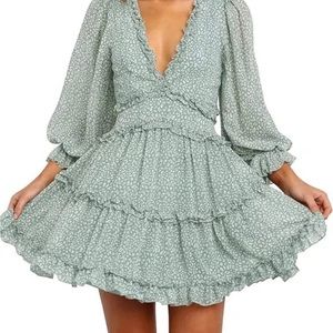Deep V Neck Ruffle Long Sleeve Floral Print Mini Dress